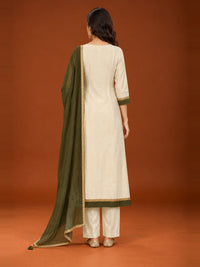 Ivory Floral Yoke Kurta Set with Olive Green Dupatta