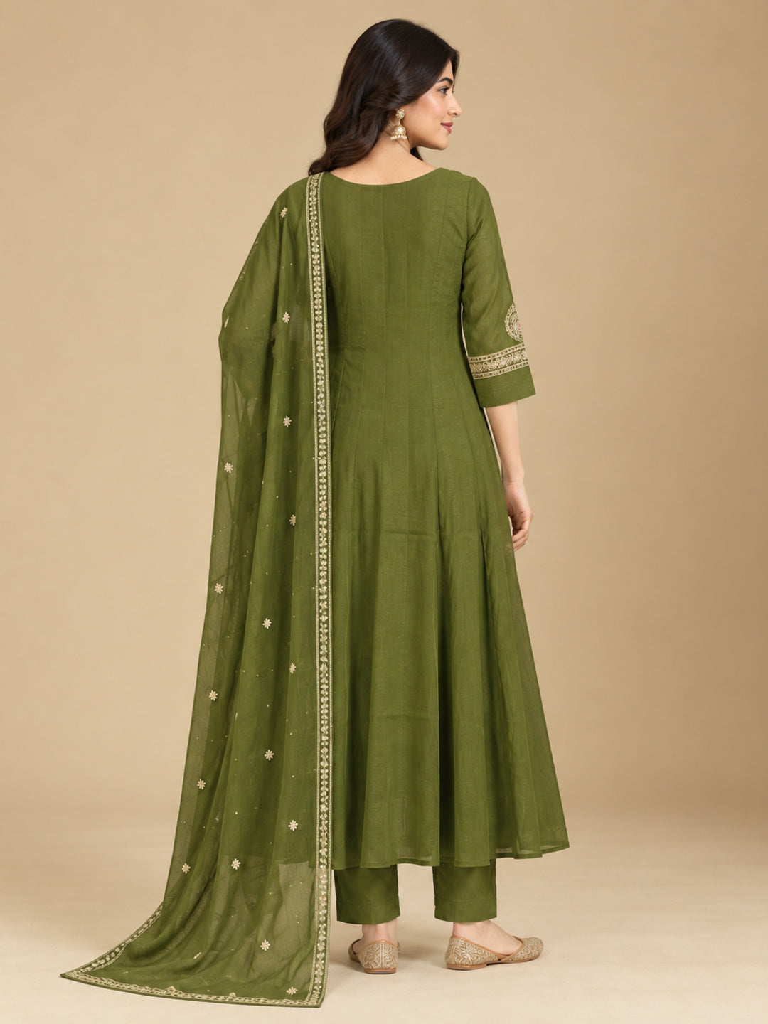 Olive Green Embroidered Chanderi-Silk Anarkali Set with Dupatta