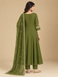Olive Green Embroidered Chanderi-Silk Anarkali Set with Dupatta