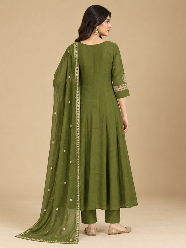 Olive Green Embroidered Chanderi-Silk Anarkali Set with Dupatta