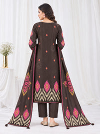 Women's Dark Brown Geometric Printed Kurta Set with Dupatta