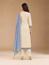 Ivory Floral Yoke Kurta Set with Blue Dupatta