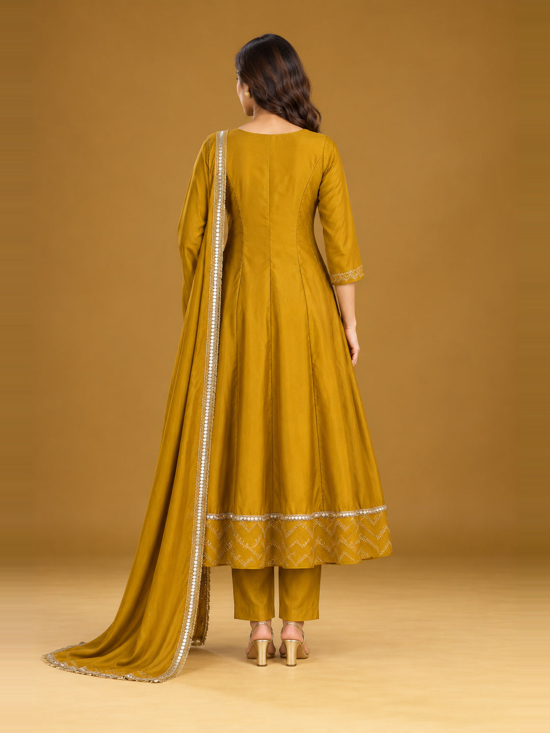Mustard Embroidered Anarkali Set with Dupatta – back view