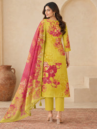 Women's Yellow & Magenta Floral Printed Kurta Set with Dupatta