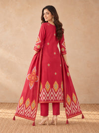 Women's Red Geometric Printed Kurta Set with Dupatta