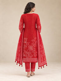 Red Floral Printed Cotton-Silk Kurta Set with Dupatta