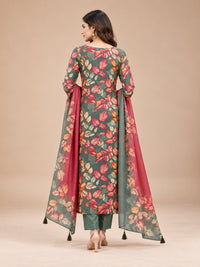 Women's Sage Green Leaf Printed Kurta Set with Dupatta