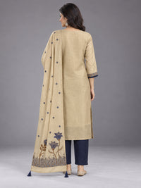 Beige and Navy Floral Kurta Set with Dupatta