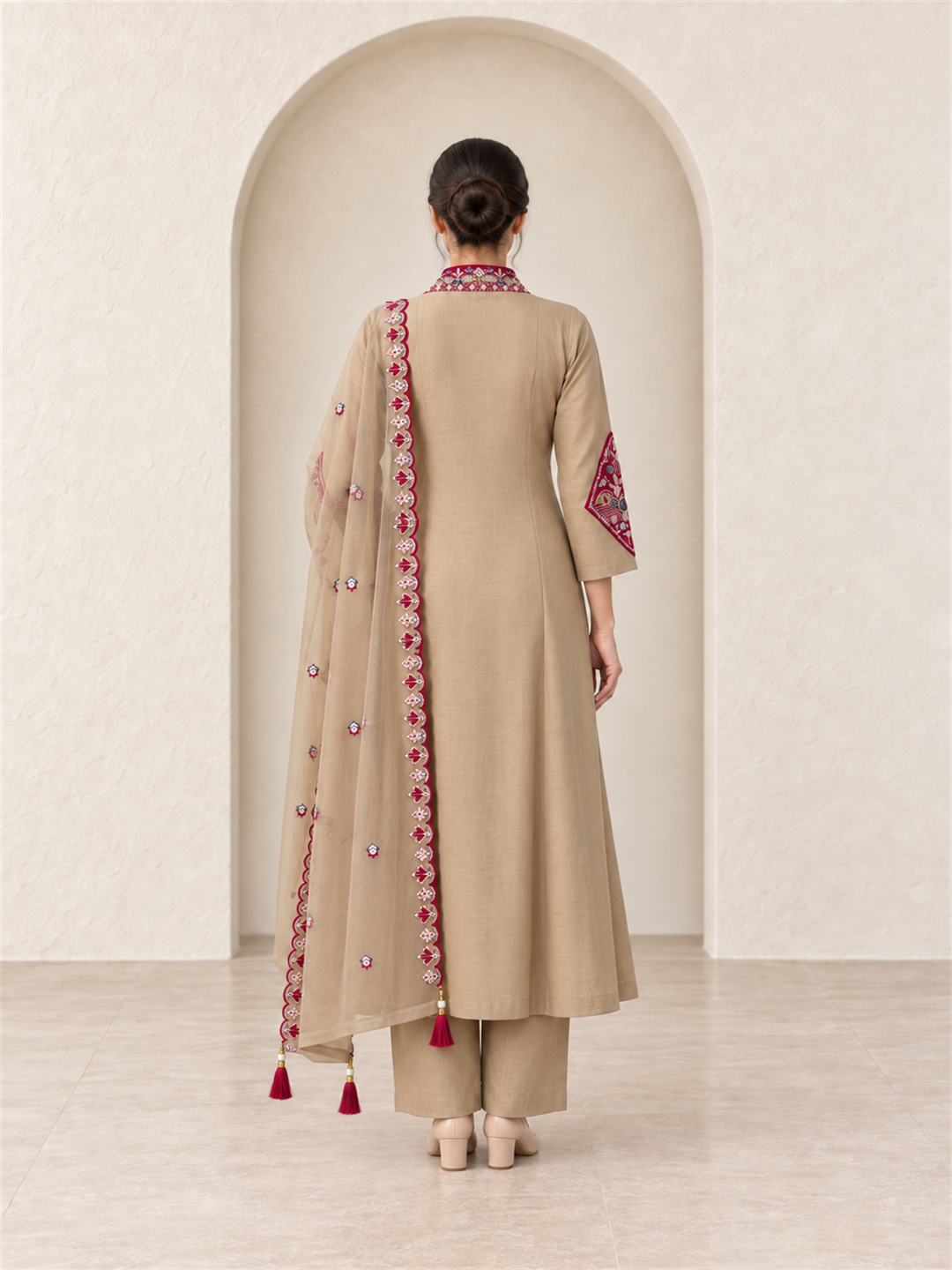Beige Chanderi Silk Embroidered Anarkali Suit with Dupatta