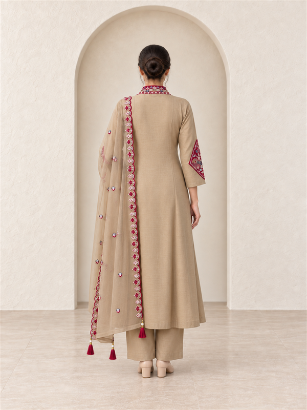 Beige Chanderi Silk Embroidered Anarkali Suit with Dupatta