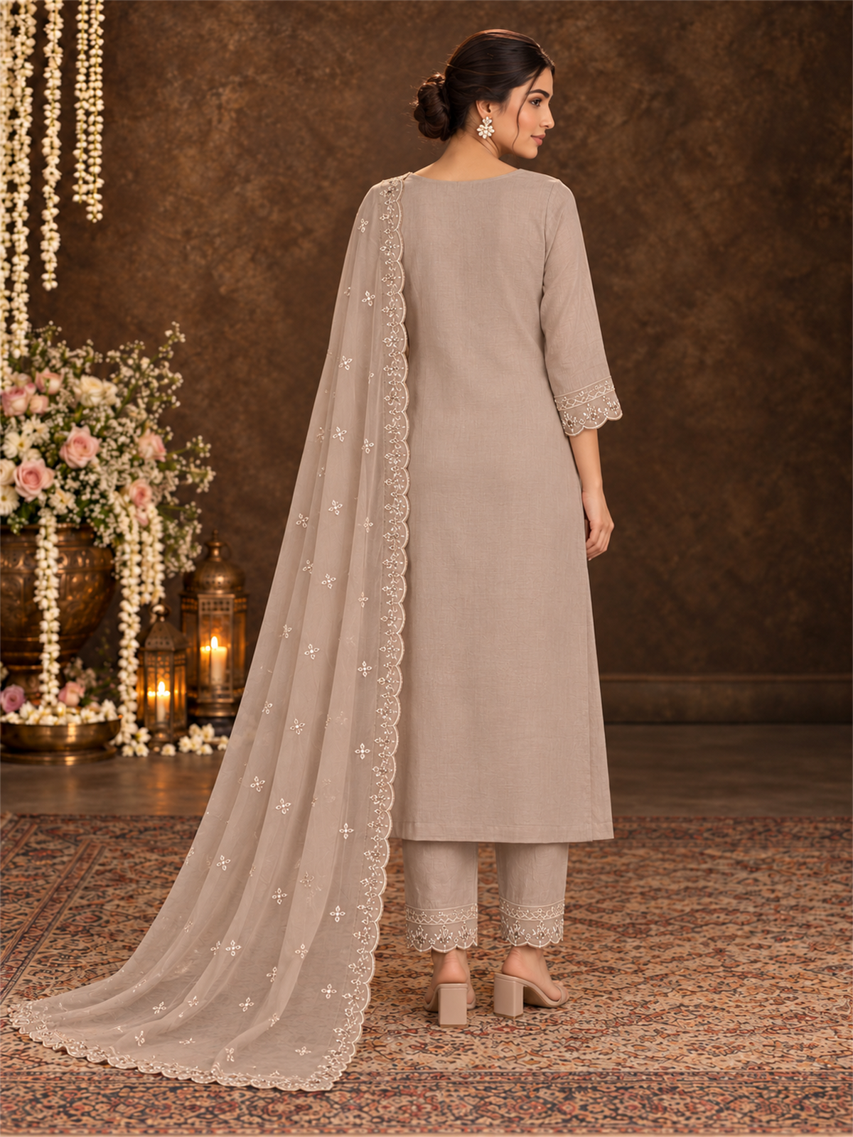 Beige Floral Embroidered Mul Chanderi Straight Kurta Trouser Set with Dupatta
