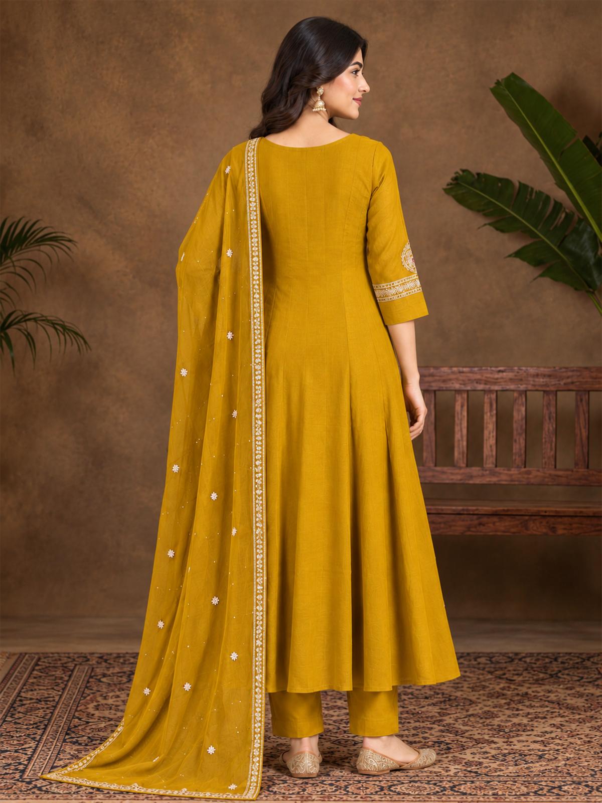 Mustard Embroidered Chanderi Silk Anarkali Suit Set