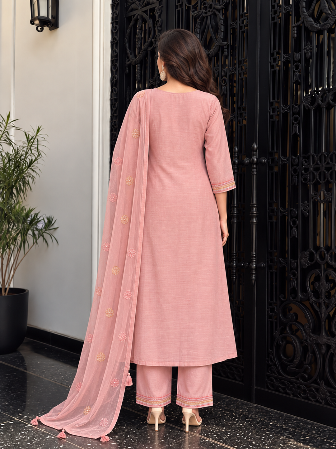 Dusty Pink Floral Embroidered Mul Chanderi Suit Set
