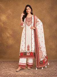 Off white  Floral Embroidered Cotton-Silk Kurta with Trousers & With Dupatta
