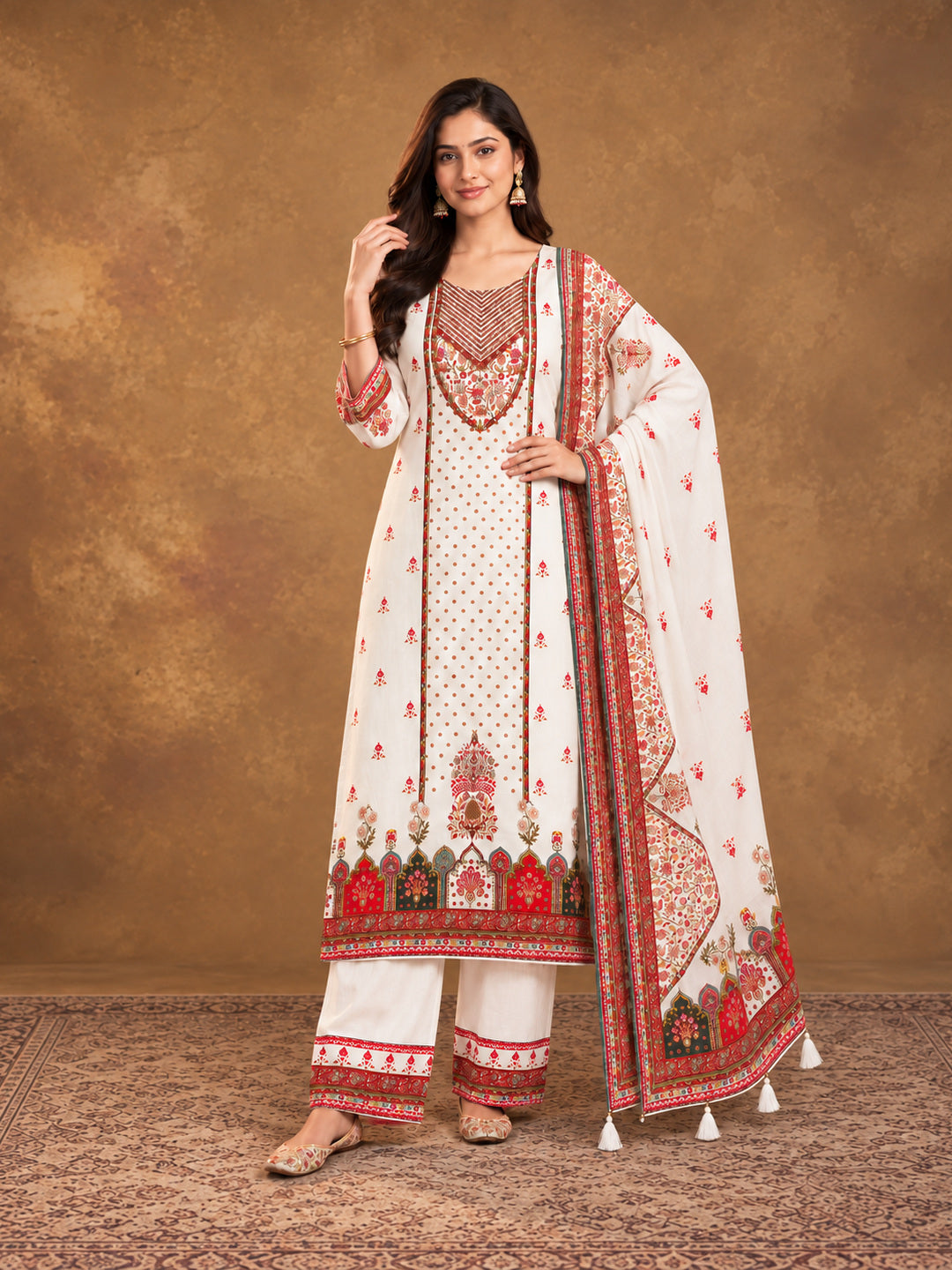 Off white  Floral Embroidered Cotton-Silk Kurta with Trousers & With Dupatta