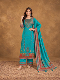 Turquoise Floral Embroidered Cotton-Silk Kurta with Trousers & With Dupatta