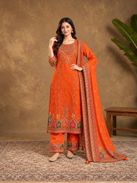 Orange Floral Embroidered Cotton-Silk Kurta with Trousers & With Dupatta