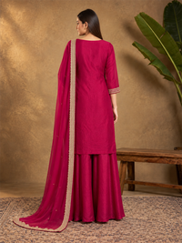 Bright Pink Embroidered Silk Blend Sharara Suit with Dupatta