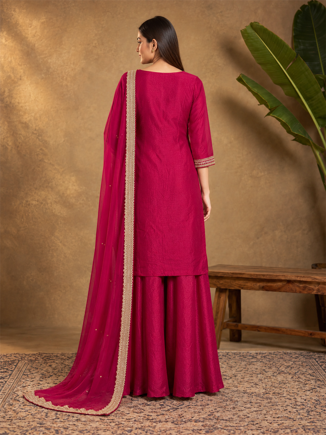 Bright Pink Embroidered Silk Blend Sharara Suit with Dupatta