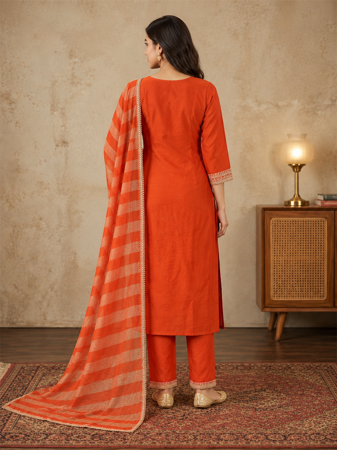 Rust Orange Jacquard Kurta Set with Striped Dupatta