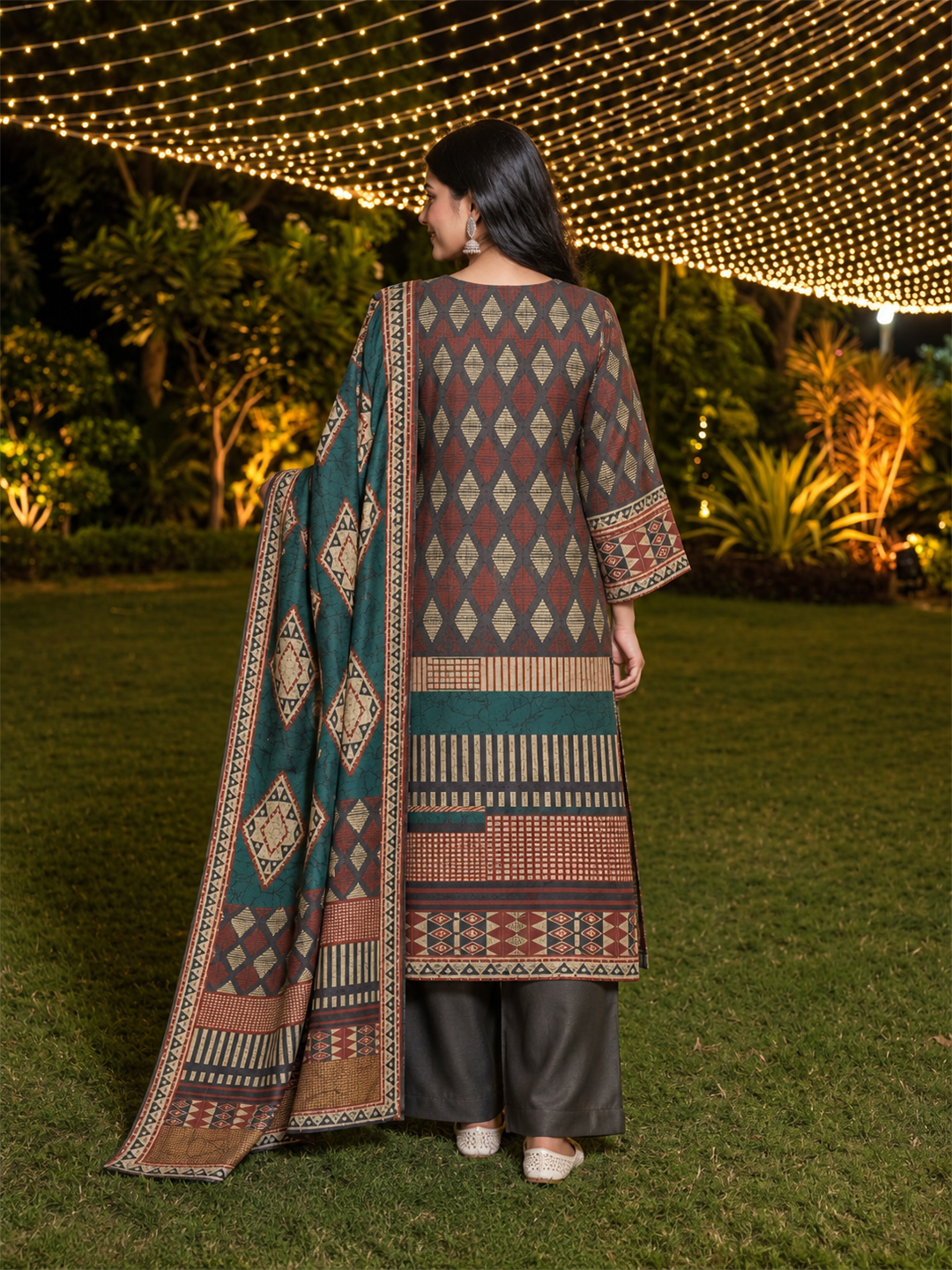 Teal Green & Charcoal Grey Geometric Printed Silk Blend Straight Kurta Trouser Set with Dupatta