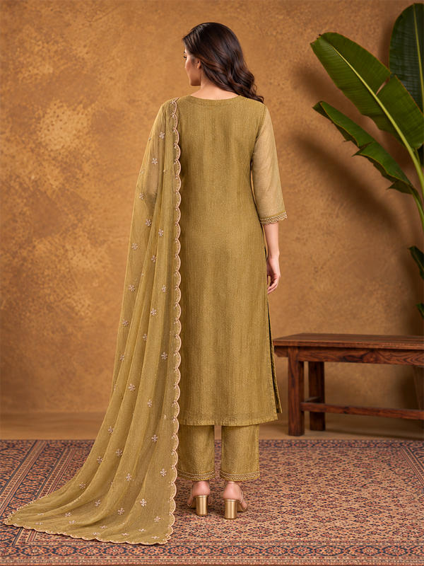 Gold Poly Silk Embroidered Kurta Palazzo Set with Dupatta