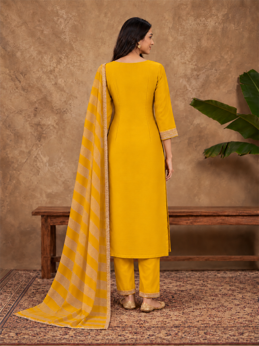 Yellow Jacquard Kurta Set with Striped Dupatta