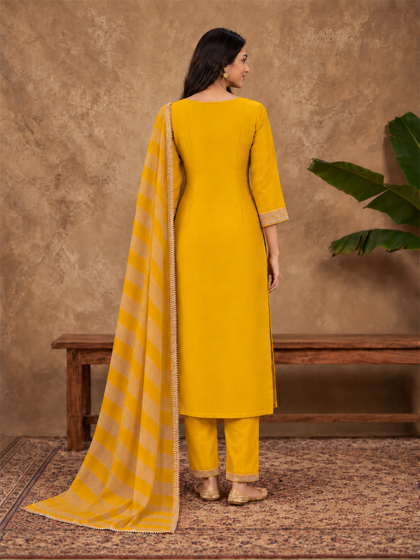 Yellow Jacquard Kurta Set with Striped Dupatta