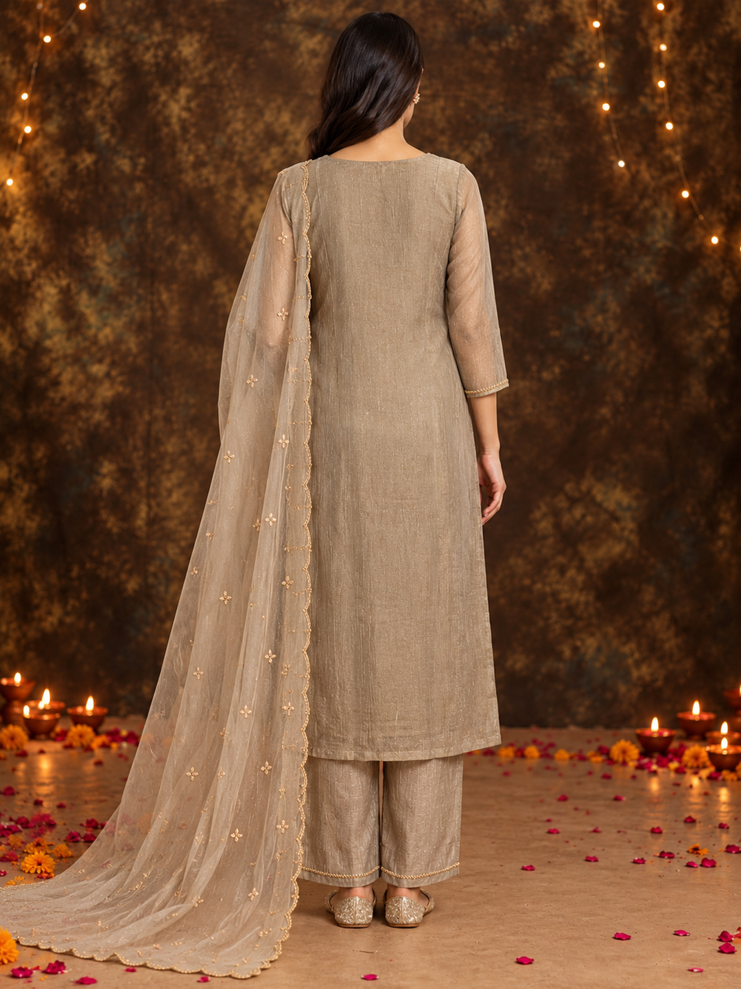 Taupe Poly Silk Embroidered Kurta Palazzo Set with Dupatta