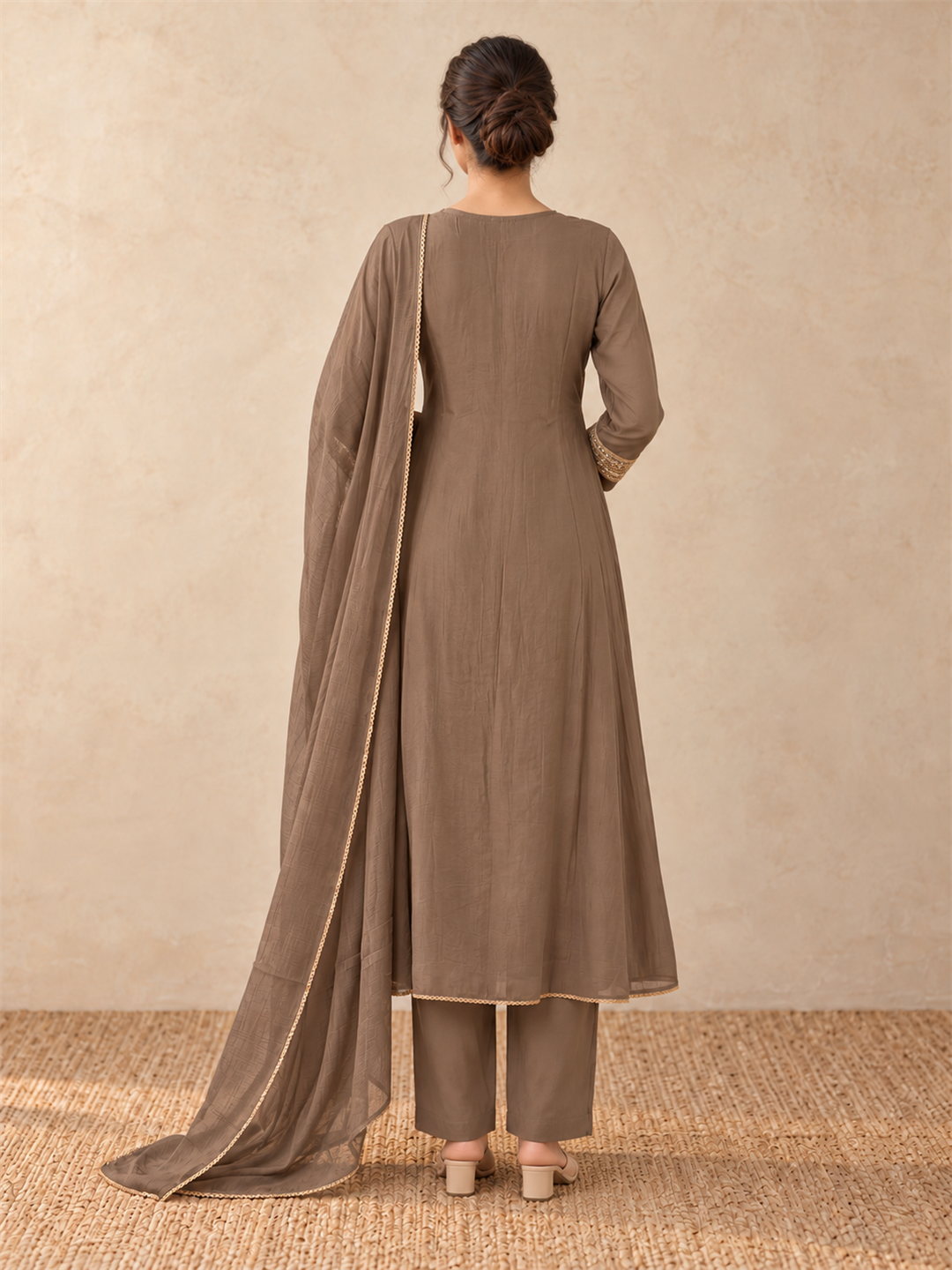 Taupe Gold Embellished Silk Blend Anarkali Suit Set