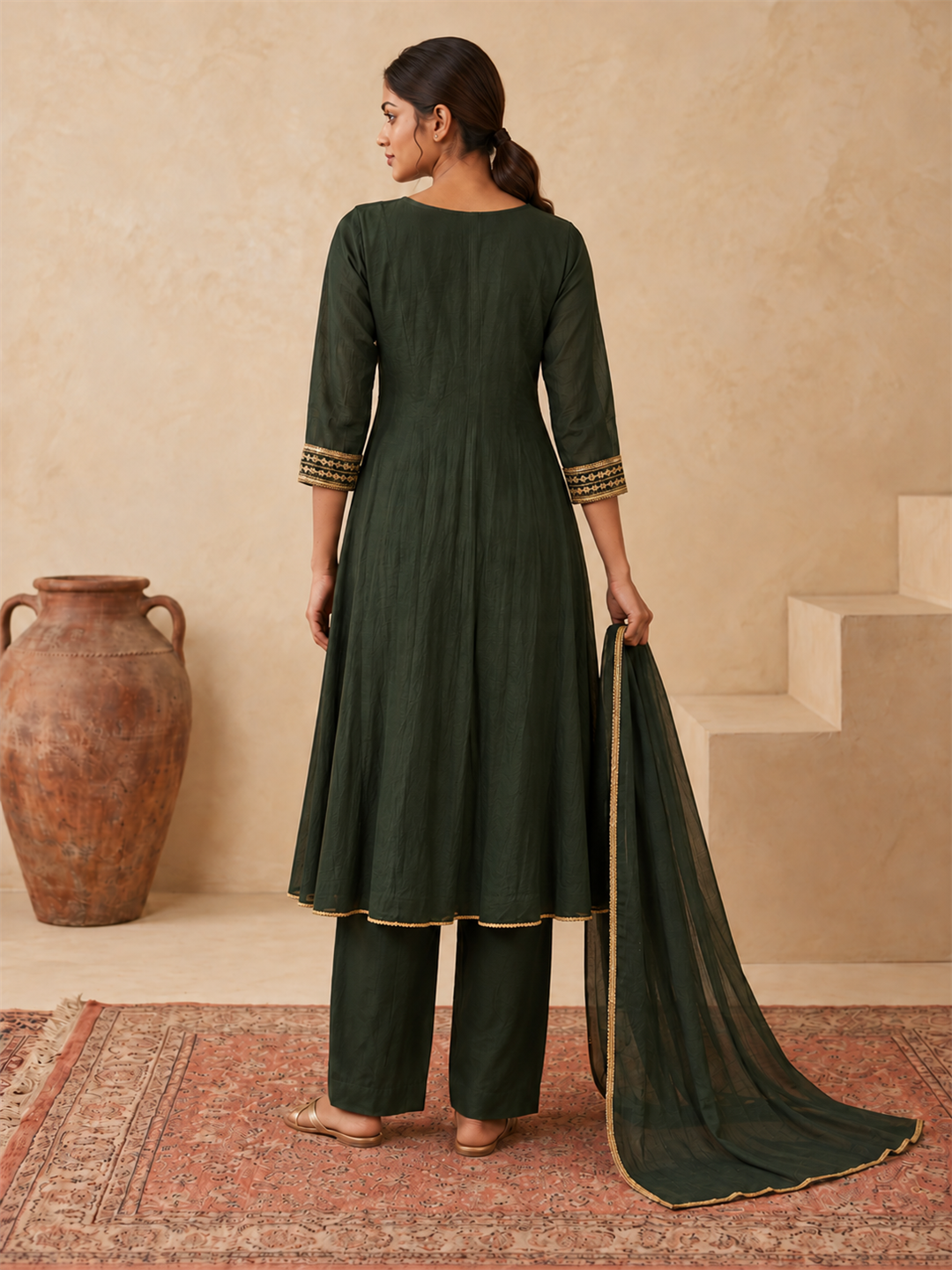 Forest Green Gold Embellished Silk Blend Anarkali Suit Set