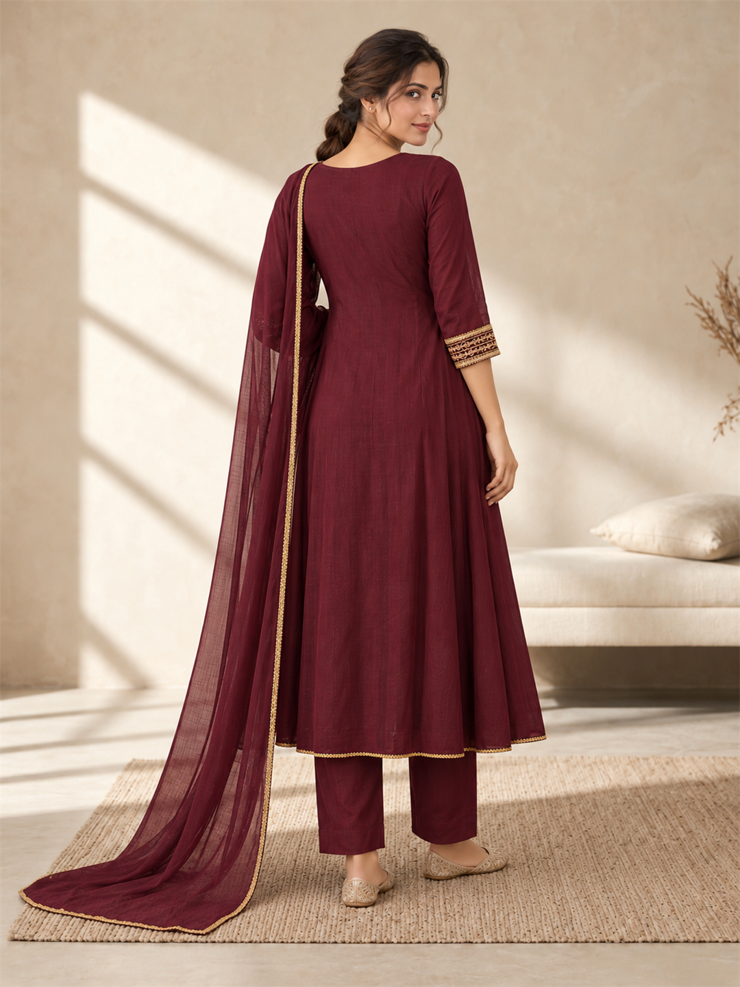 Wine Gold Embellished Silk Blend Anarkali Suit Set