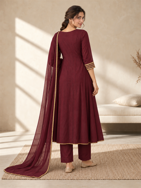 Wine Gold Embellished Silk Blend Anarkali Suit Set