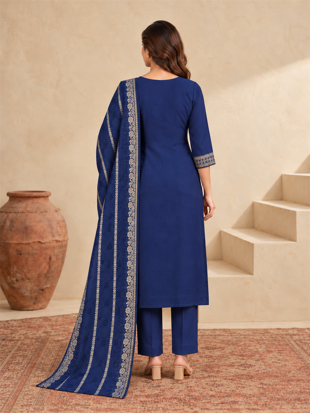 Royal Blue Floral Printed Silk Blend Suit Set