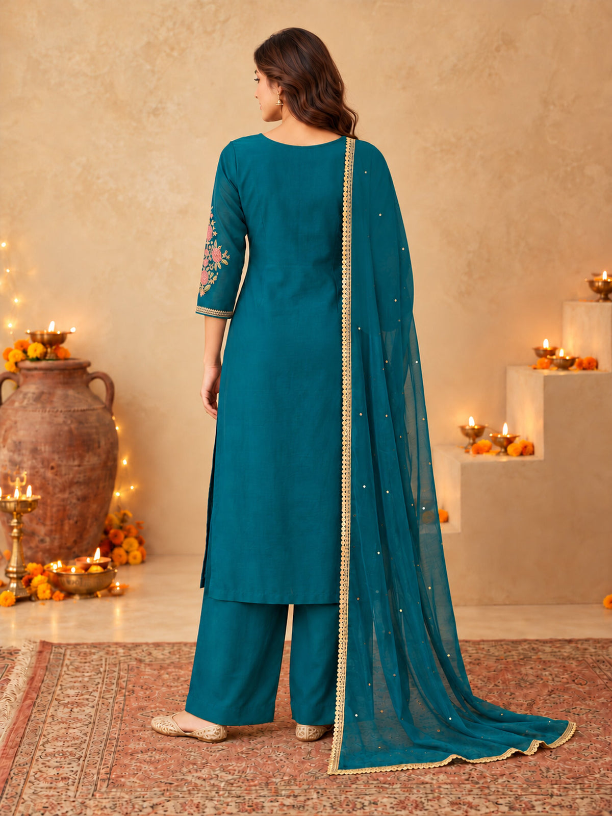 Teal Blue Silk Blend Floral Embroidered Kurta Trouser Set with Dupatta & Inner