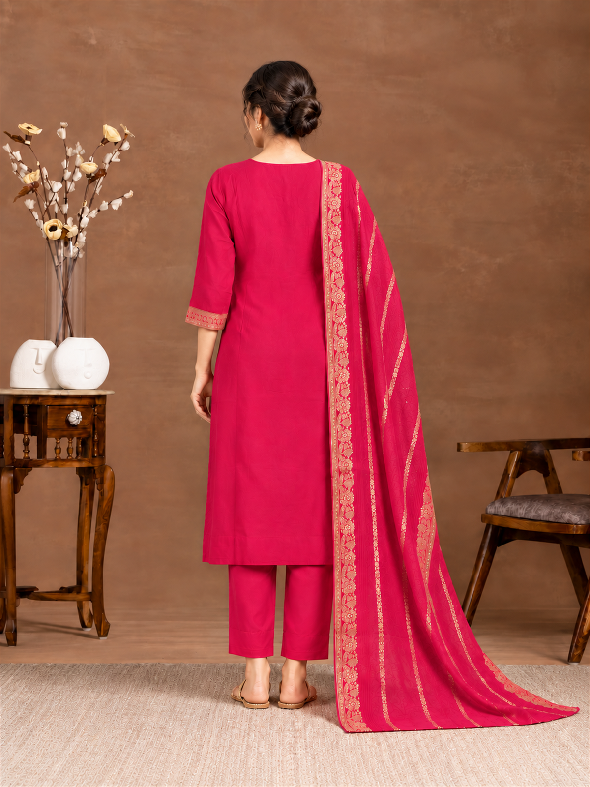 Rani Pink Floral Silk Blend Suit Set with Dupatta