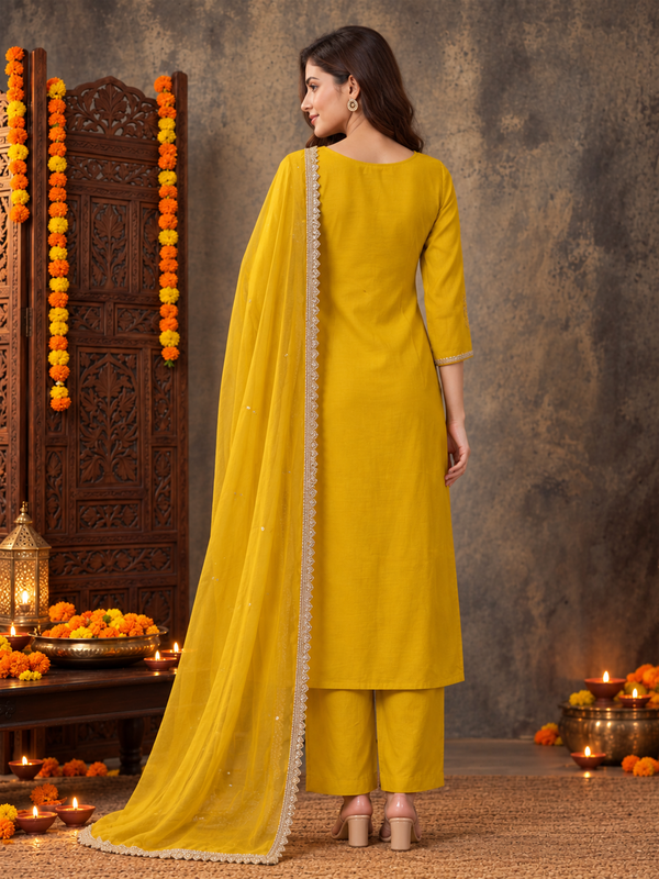 Mustard Silk Blend Floral Embroidered Kurta Trouser Set with Dupatta & Inner