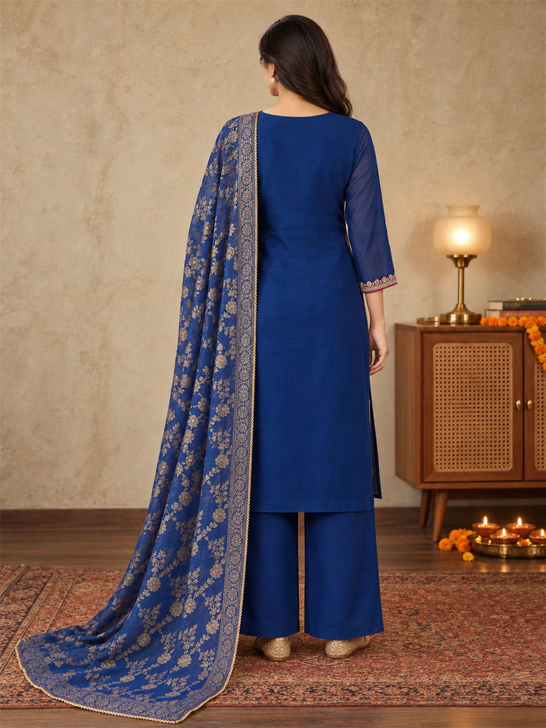 Royal Blue Silk Blend Floral Embroidered Kurta Trouser Set with Dupatta & Inner