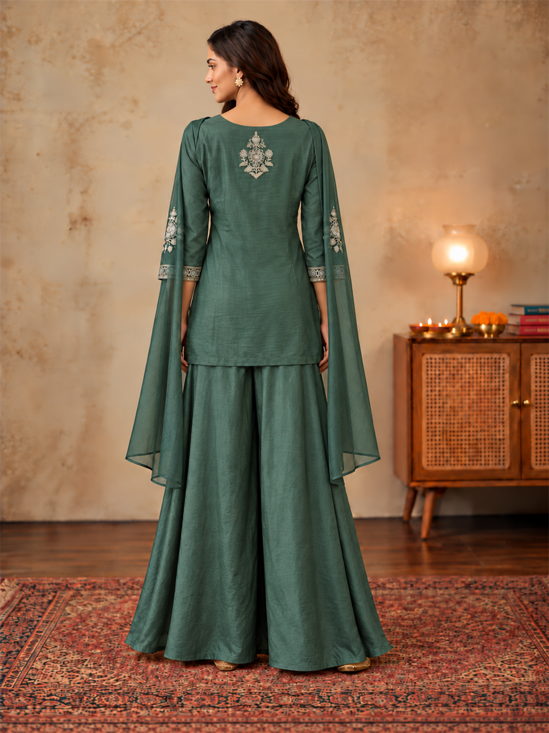 Olive Green Pure Silk Embroidered Kurta Sharara Set with Cape Dupatta