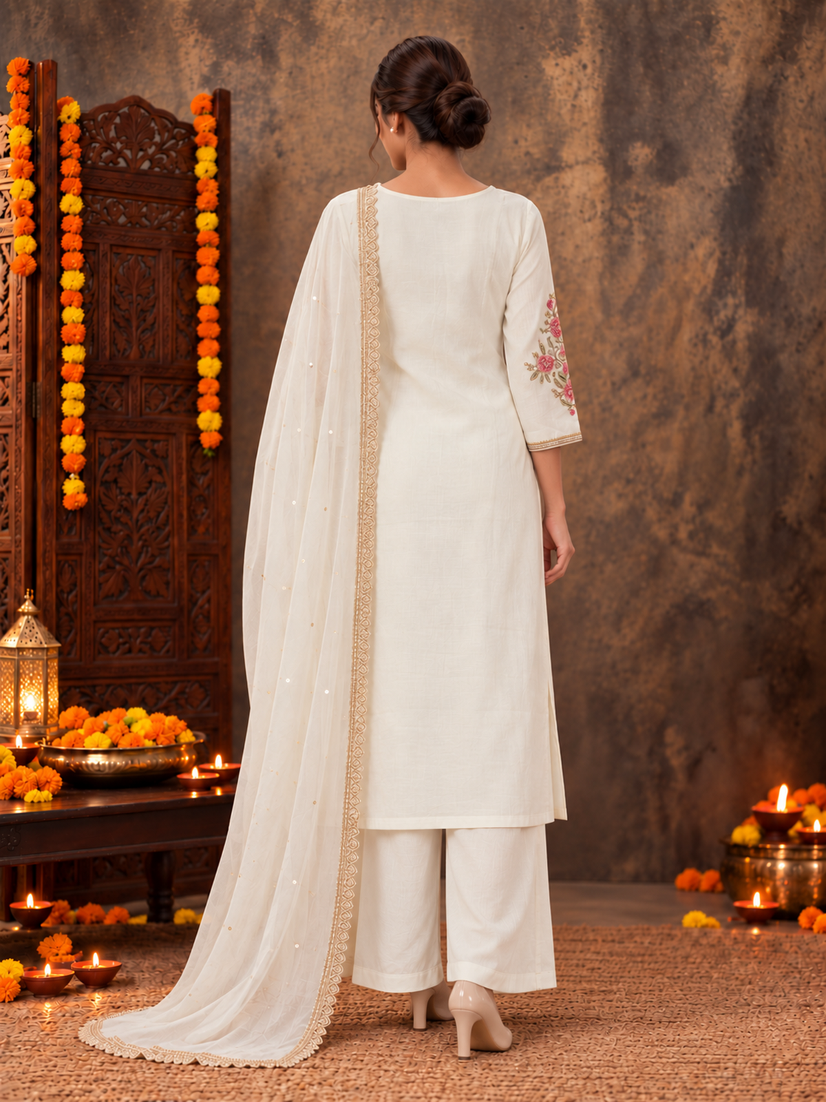 Ivory White Silk Blend Floral Embroidered Kurta Trouser Set with Dupatta & Inner
