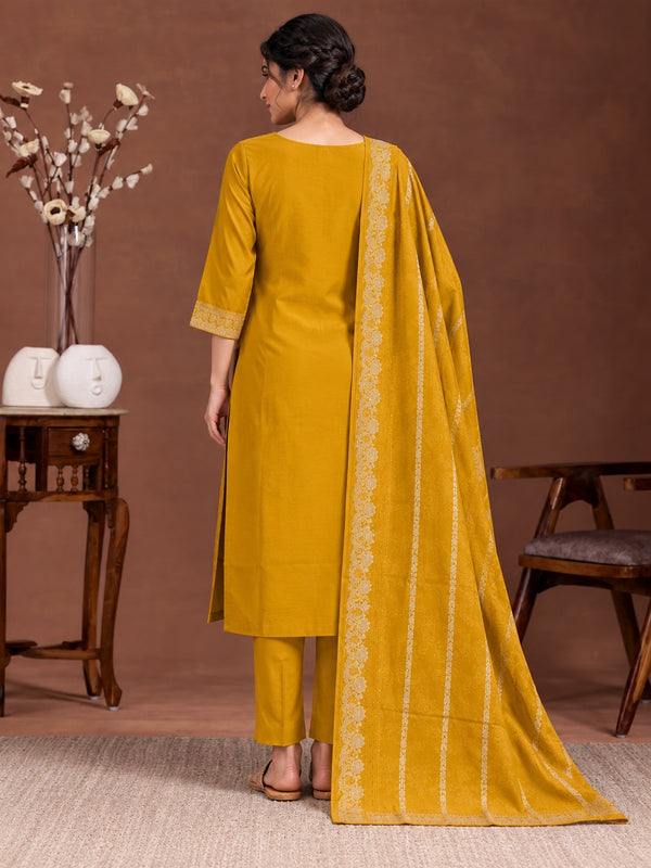 Mustard Floral Silk Blend Suit Set with Dupatta