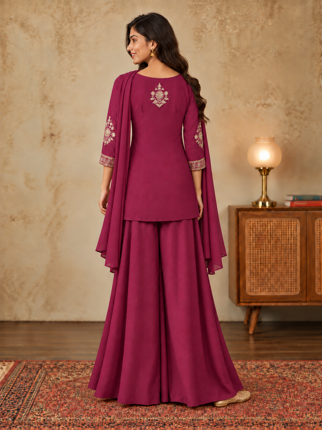 Wine Pure Silk Embroidered Kurta Sharara Set with Dupatta