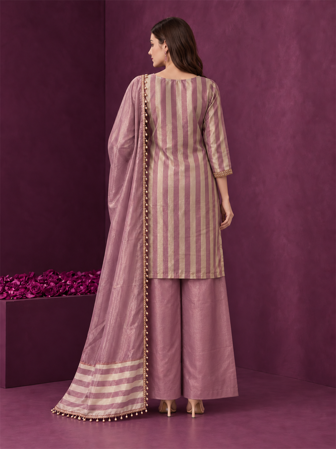 Dusty Pink Striped Pure Silk Palazzo Suit Set