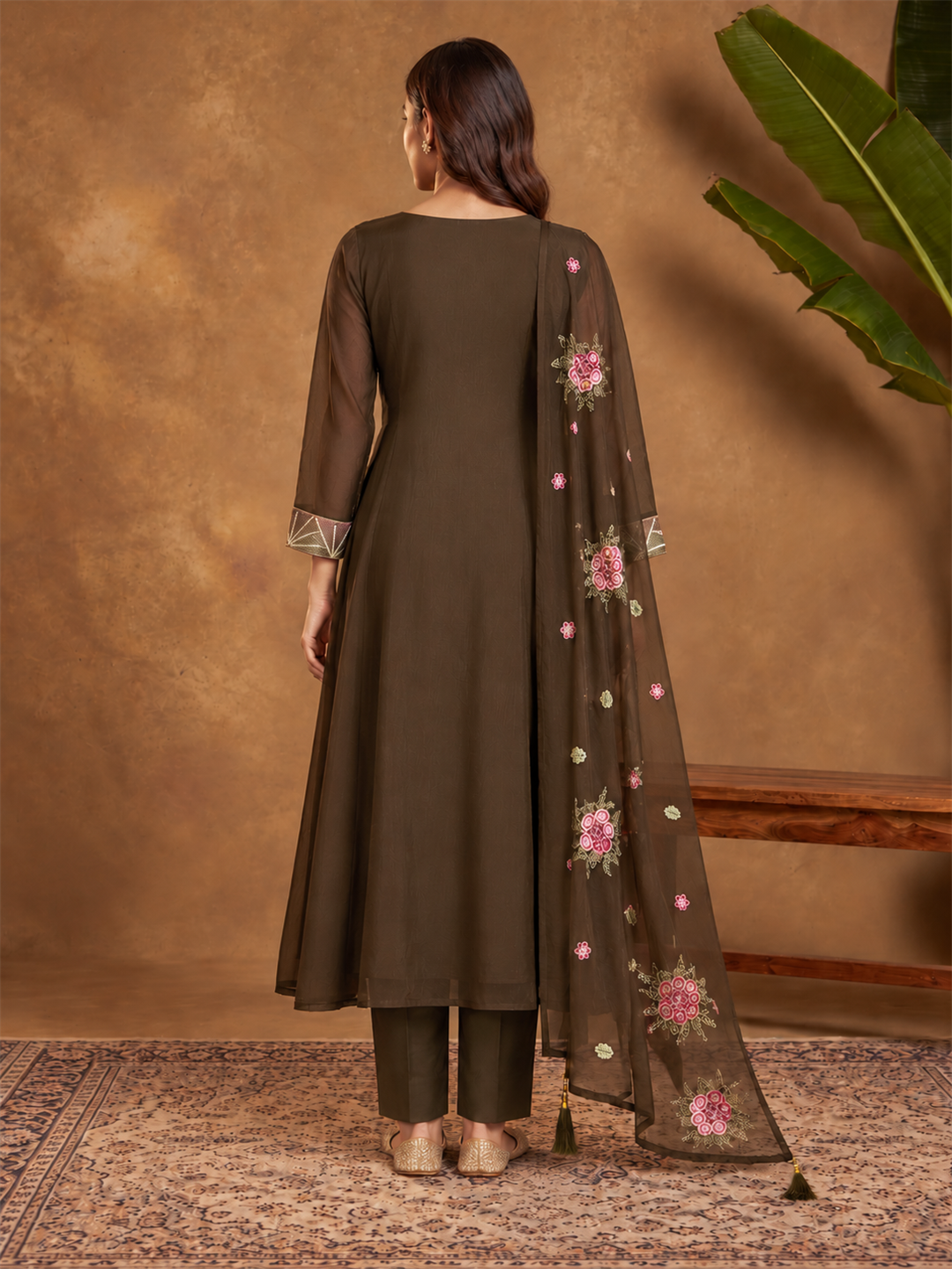 Dark Brown Floral Embroidered Viscose Rayon Suit Set