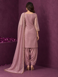 Mauve Pink Pure Silk Embroidered Punjabi Suit with Pearl-Trimmed Dupatta
