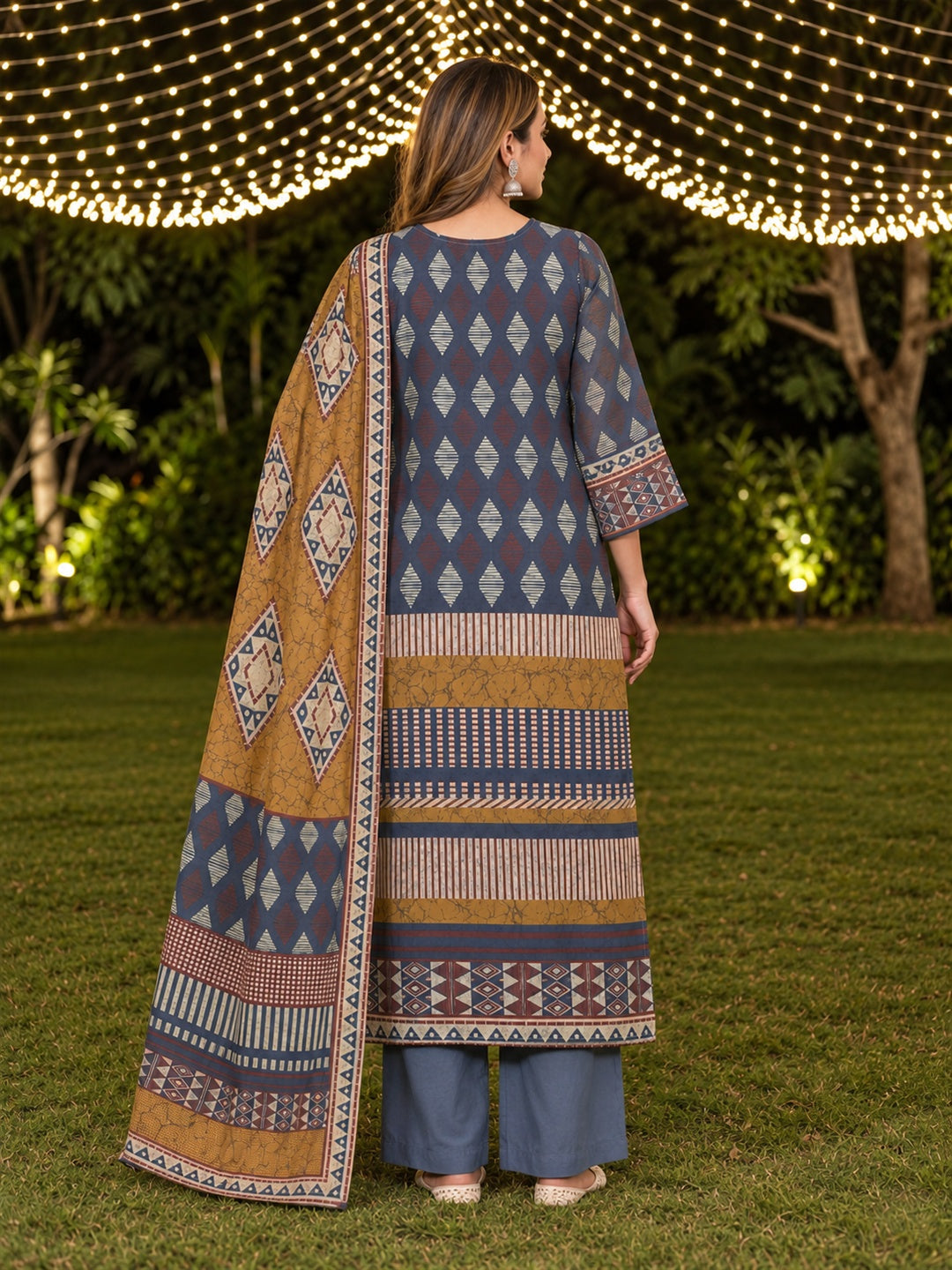 Mustard & Slate Blue Geometric Printed Silk Blend Kurta Trouser Set with Dupatta