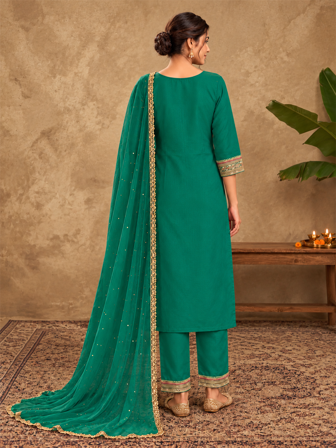 Emerald Green Embroidered Silk Blend Kurta Set with Dupatta
