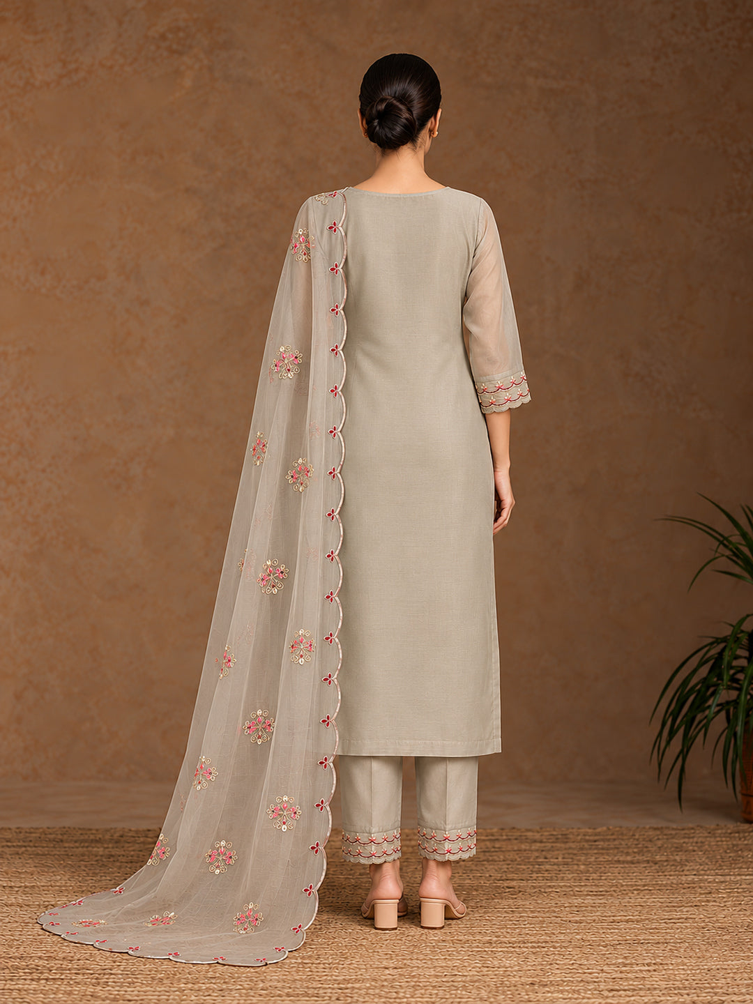Grey Silk Blend Embroidered Straight Suit Set with Floral Dupatta