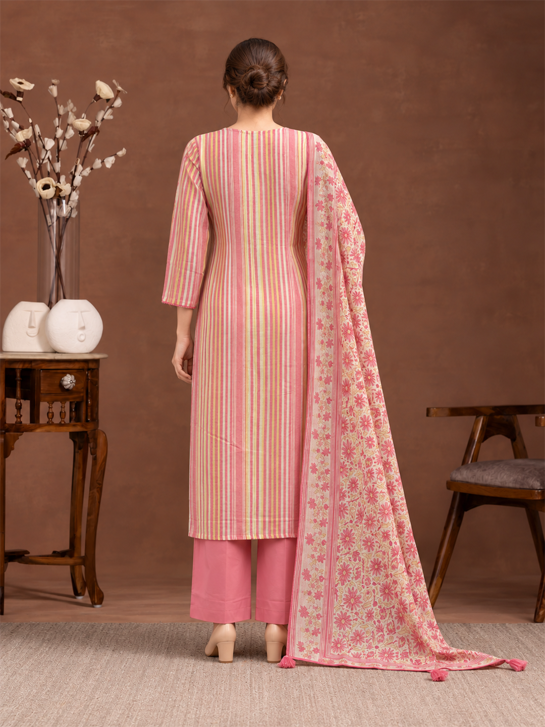 Rose Pink Striped Linen Suit Set with Floral Dupatta