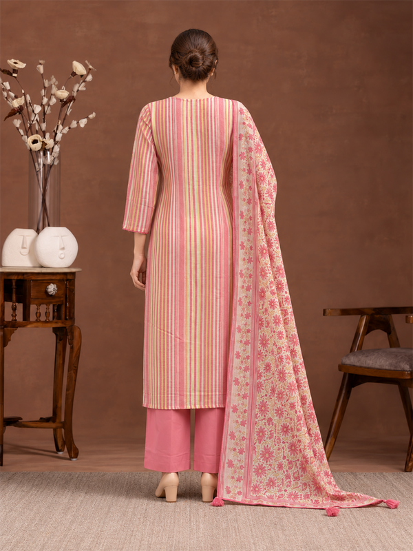 Rose Pink Striped Linen Suit Set with Floral Dupatta
